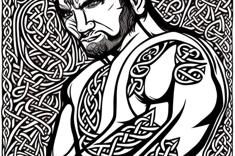 Gaelic Celtic Warrior with blue eyes and brown hair, tall and wide, powerful and humble tattoo idea