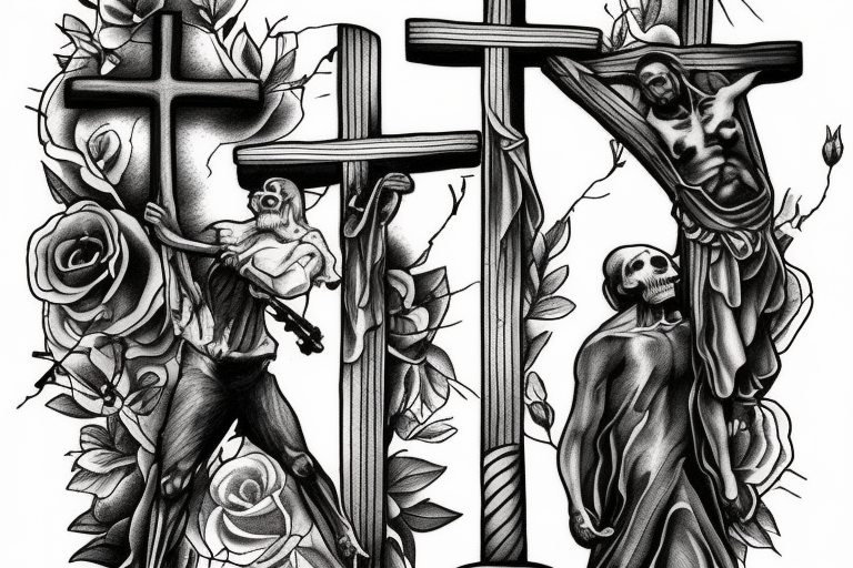 Skelton carrying the cross with quote “bear the cross” tattoo idea