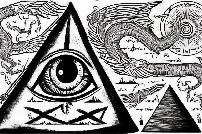All seeing eye sitting on the tip of a Egyptian pyramid, dragons in the sky and in the foreground Jesus on the cross. tattoo idea