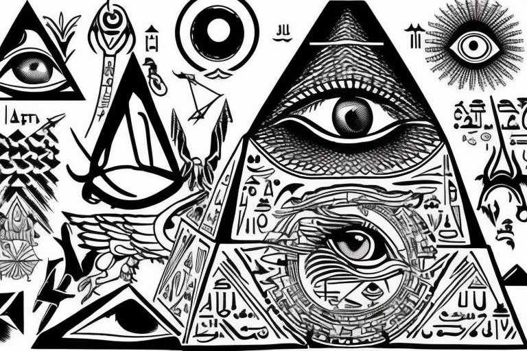 All seeing eye sitting on the tip of a Egyptian pyramid, dragons in the sky and in the foreground Jesus on the cross. tattoo idea