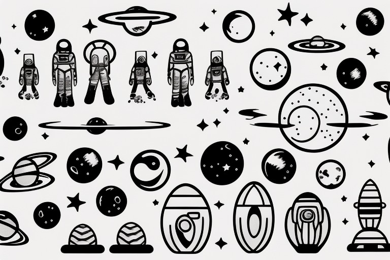 Astronaut surrounded by the planets and lines tattoo idea