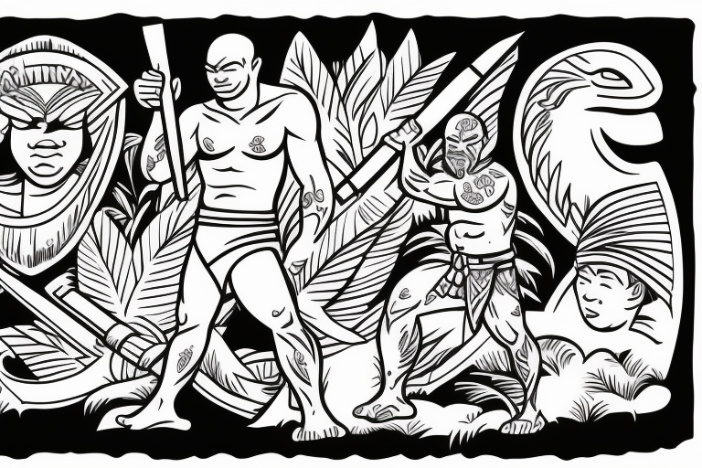 Hawaiian tiki god of war holding a wooden spear on the beach tattoo idea