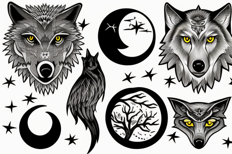 a wolf howls at the moon and an owl flies by tattoo idea