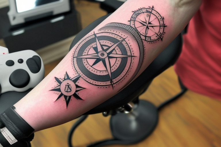 Please create an image of a forearm tattoo that incorporates a compass in the center, surrounded by a retro gaming console on one side and a modern gaming controller on the other. The background should feature a scenic view of mountains. Please include the quote "Adventure awaits, game on!" in a font that complements the design. The overall style of the tattoo should be intricate and detailed, with black and white colours that bring the mountains and the sky to life. tattoo idea