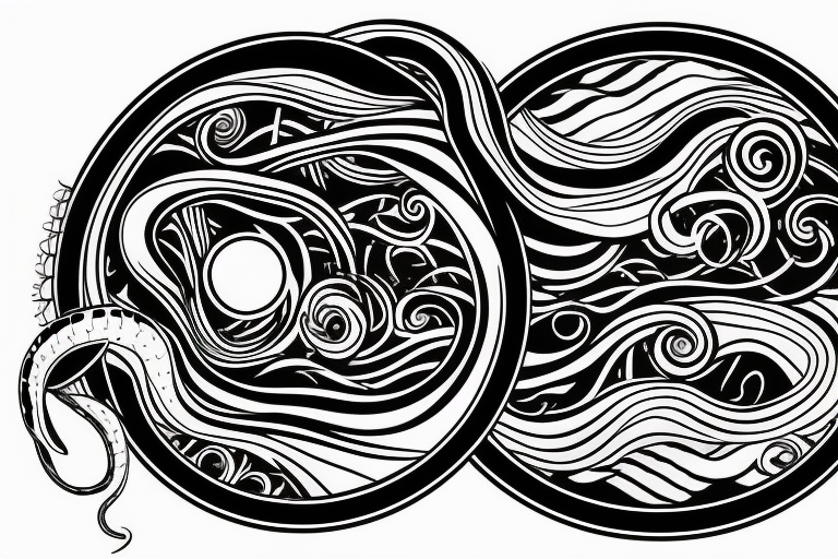 Snake flowing around clock face,  with mountains and lake in behind it tattoo idea