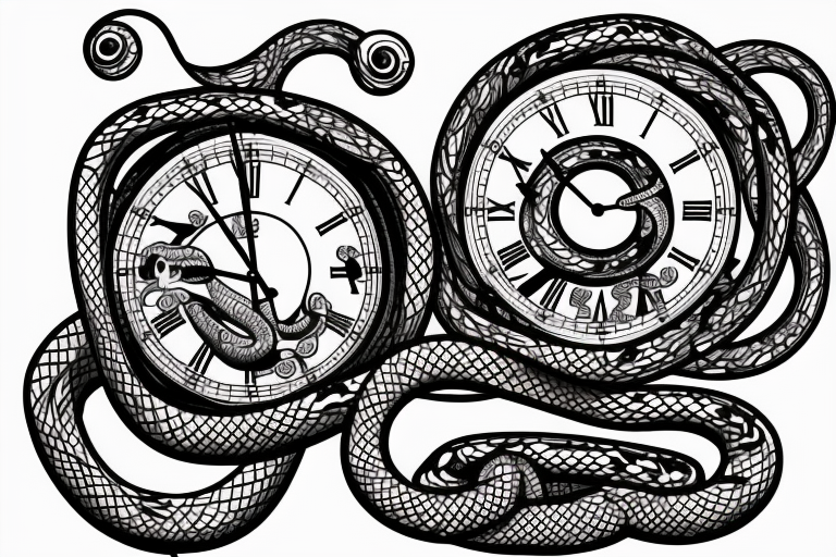 Snake wrapped around clock face,  with mountains and lake in behind it tattoo idea
