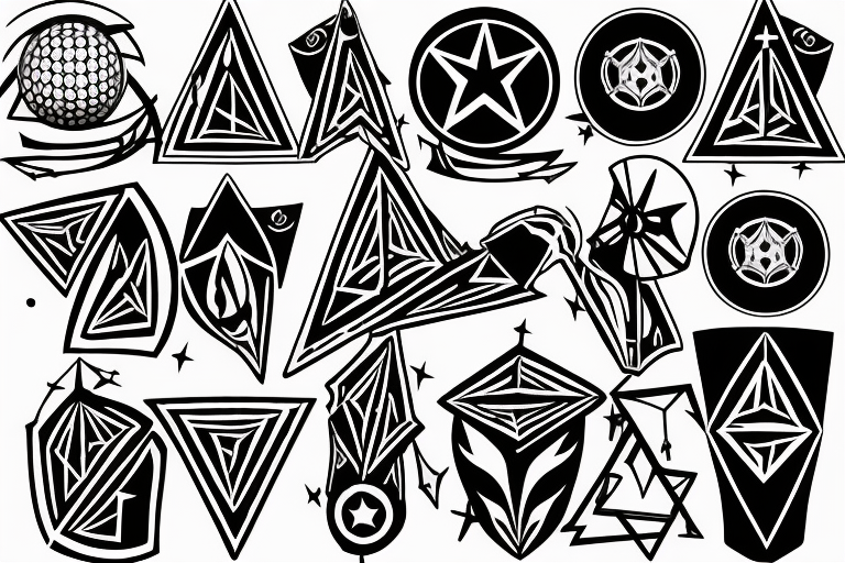 Pointed Star, Scottish claymore, soccer ball, Drum Kit, Guitar, Musical Notation,Dark Side of the Moon Pyramid, 4 Aces, #HBC , Boxing Gloves, Fishing Rod, Golf Ball tattoo idea