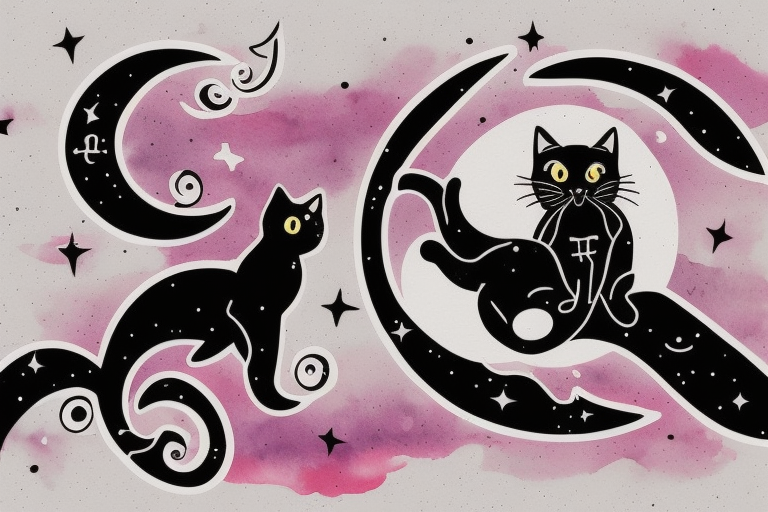 left forearm

crescent moon with a tuxedo black cat sitting on it.

on the crescent moon there are strings of stars dangling from it

the colors used should be subtle colors. pink
no background tattoo idea