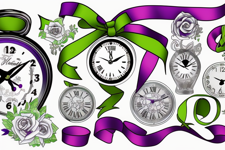 A clock with 12:36 displayed, a purple ribbon, a green ribbon tattoo idea