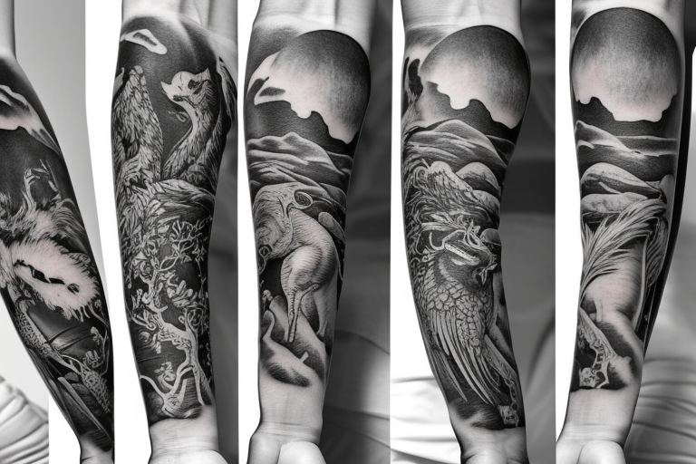 Full arm sleeve with animals and Greek mythology tattoo idea