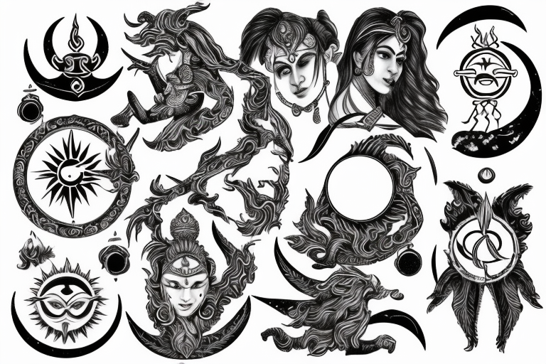 Sun and fire, moon and king with a warrior and goddess parvathi's symbol tattoo idea