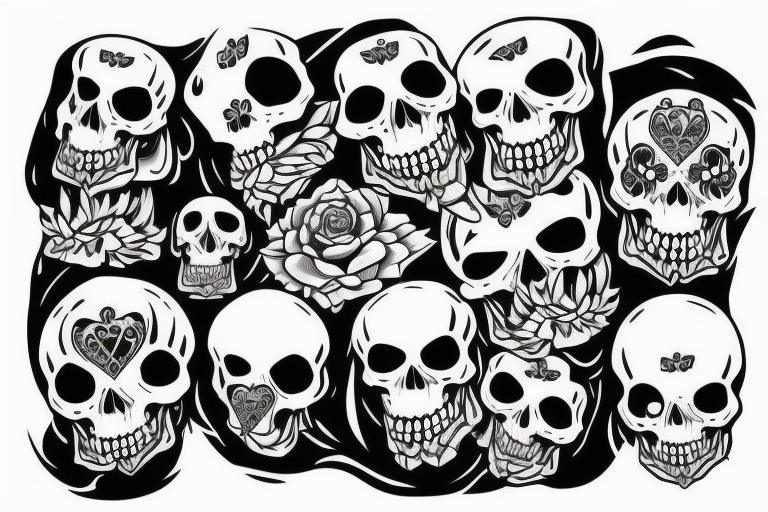 three skulls, one is on the chest others on the shoulders looking the side ways tattoo idea