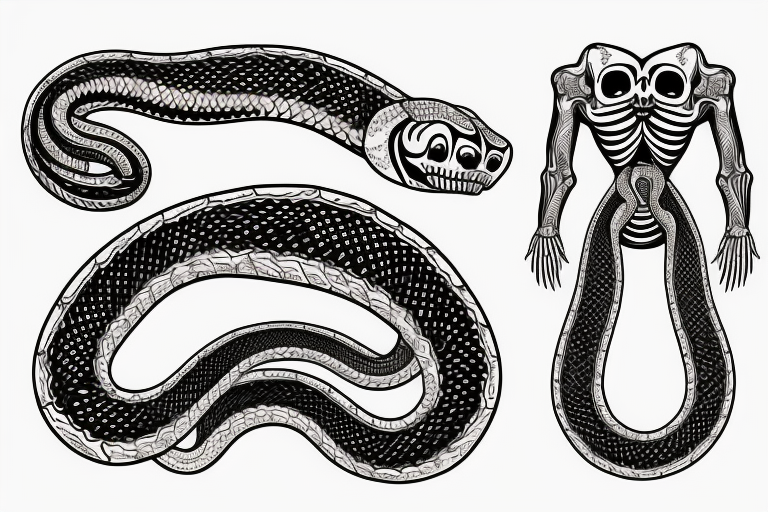 two symmetrical skeletons of a snake, located from the waist to the middle of the hips tattoo idea