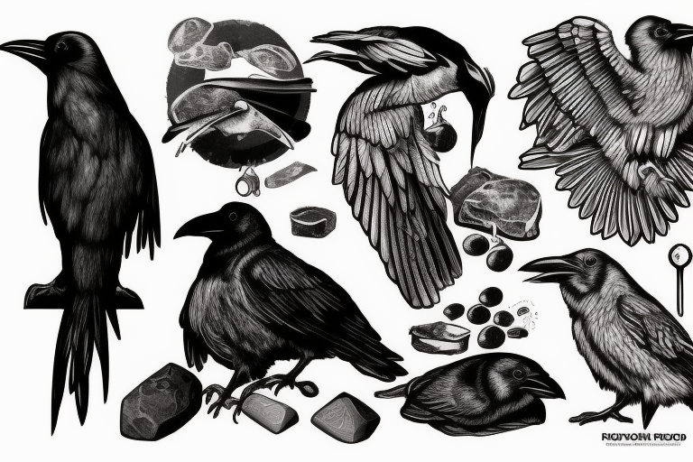 Raven pecks meat sitting on a stone tattoo idea