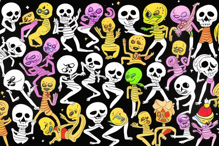 Bright, colorful dancing skeletons, beautiful background tattoo idea