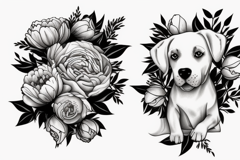 Dog with three peonies, 10 cm tattoo idea