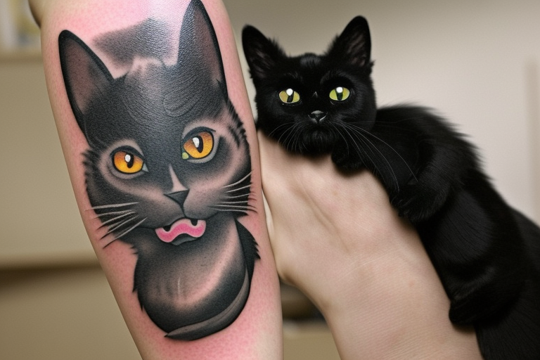 The tattoo is a small-to-medium size portrait of a black cat with a white spot on her chest and one white whisker. The cat has thick, black fur and a chubby body. The tattoo is designed to look like a no-face monster from the movie Spirited Away, with the cat's face transformed into the shape of the monster. The tattoo is black and white, with the cat's fur and the no-face features done in black ink and the white spot and whisker left uncolored to create contrast tattoo idea