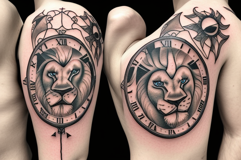 A lions face hidden inside a clockface with clouds in the background and an arrow pointing forward tattoo idea