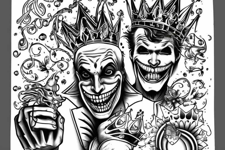 the joker is cheerful holding a golden crown and the joker is sad holding a skeleton of a fish, standing back to back tattoo idea