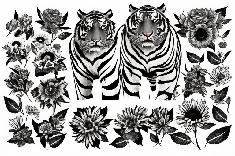 Tiger surrounded by flowers tattoo idea