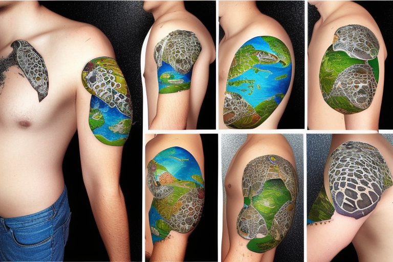 sea turtle with an earth map on its shell tattoo idea