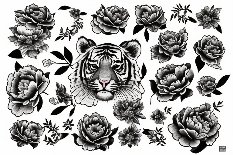 Tiger with peony flowers tattoo idea