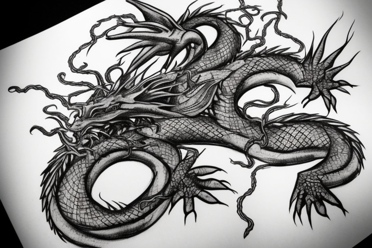A feet shaped dragon wrapped in vines, roots and leaves tattoo idea