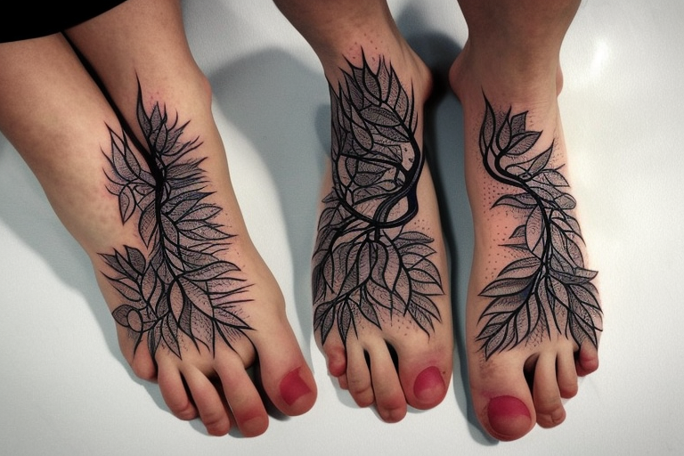 A feet wrapped in vines, roots and leaves tattoo idea