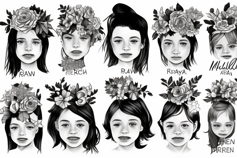 flowers with names of children Michael, Alexa, Ryan, Connor, Breah, Kyla tattoo idea