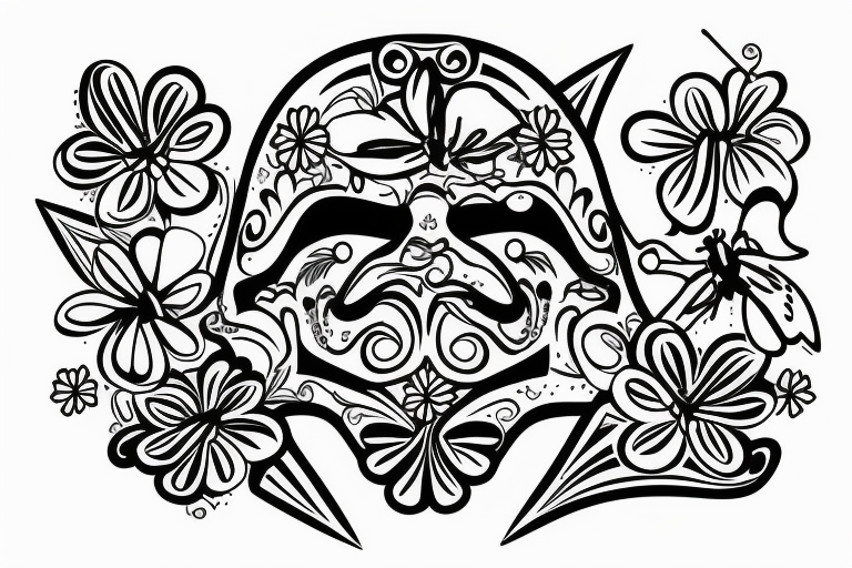 hawaian mask with a flower below and a butterfly in the head tattoo idea