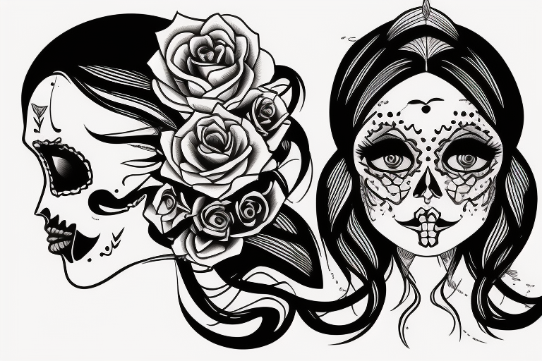 girl half skull face, with candle and mirror frame tattoo idea