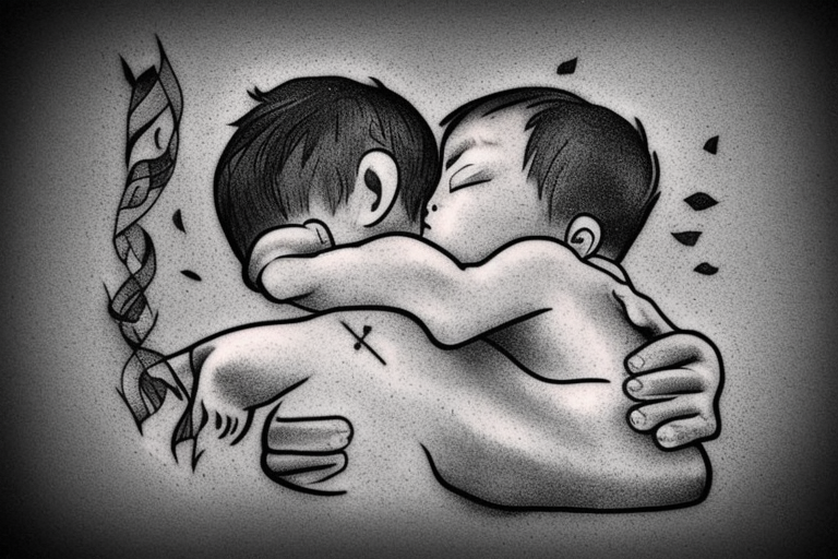 A little boy hugged by his father in the river. A tattoo that brings memories of dead father. tattoo idea