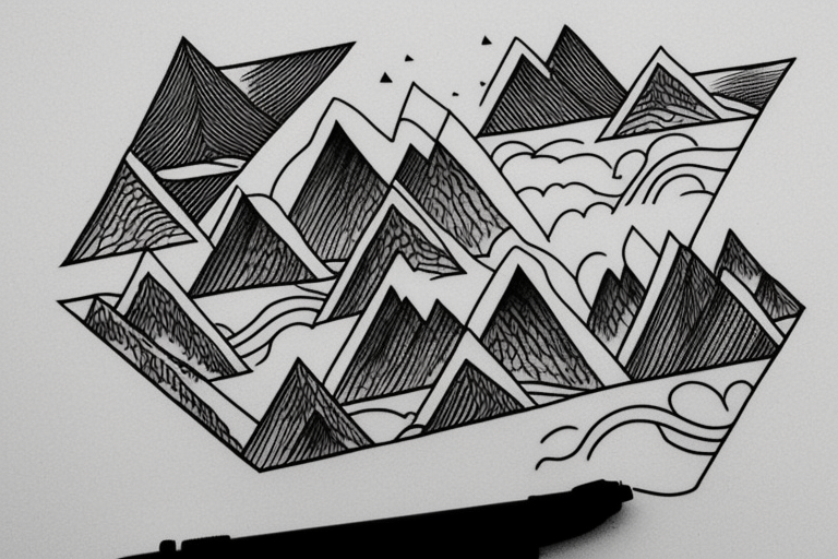Flowing river, mountain peak in triangle tattoo idea