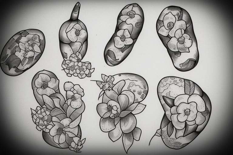 sketch for full arm of many small potatoes, potato flowers, and potato peelings tattoo idea