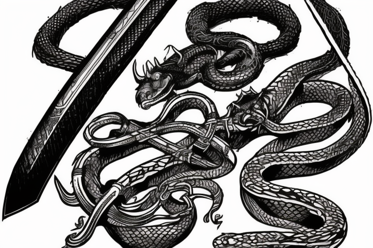 snake wrapped around a sword, cyberpunk irish viking style tattoo idea
