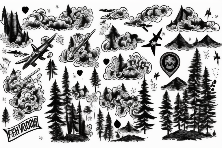 Fighter jet flying in the sky above a forest where a horse grazes near the forest tree line tattoo idea