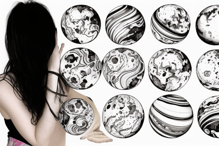 Pretty girl picking up marble sized planets tattoo idea