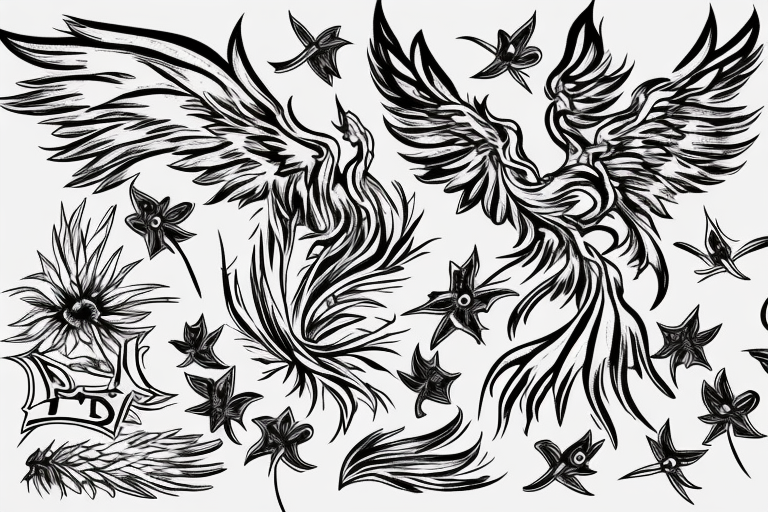 A phoenix rising from a field of forget-me-nots tattoo idea