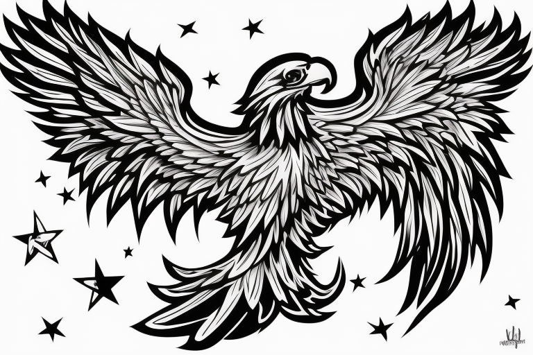 traditional style eagle with wings out and about to land. stars behind eagle. light shading, not too detailed, but heavy outlines tattoo idea