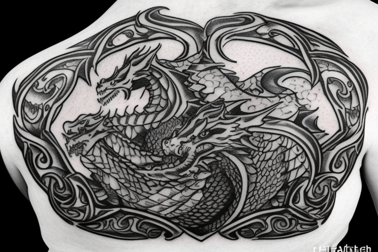 Shoulder armor with a dragon as the crest on the shoulder and filigree filling in the space tattoo idea