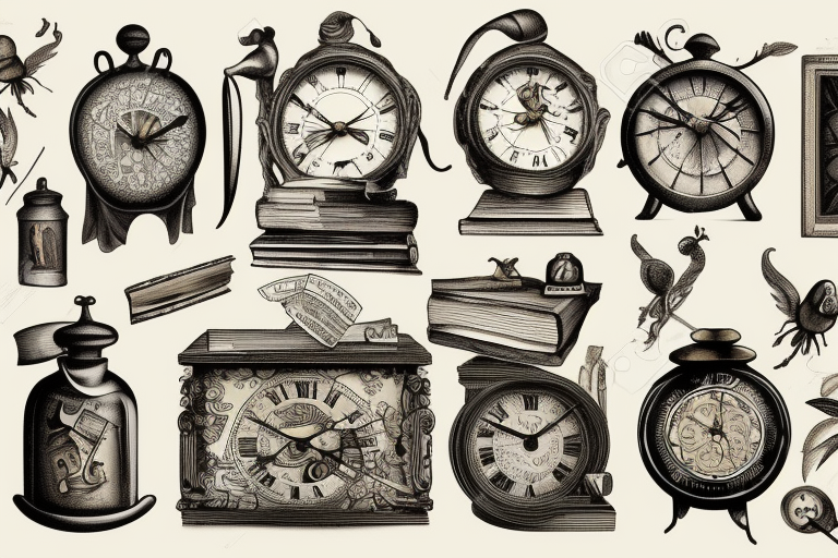 Old clock, books and banknotes tattoo idea