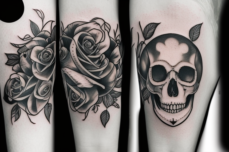 a moon and skull and rose in a vertical line in a tattoo idea
