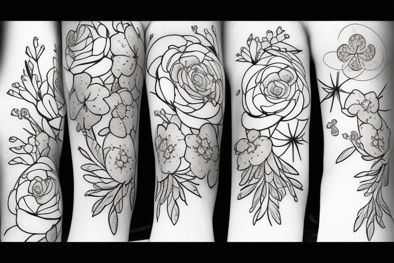 Pine tree with yellow rose, cherry blossoms, forget-me-nots, stargazer lillies, and gerbera daisies tattoo idea
