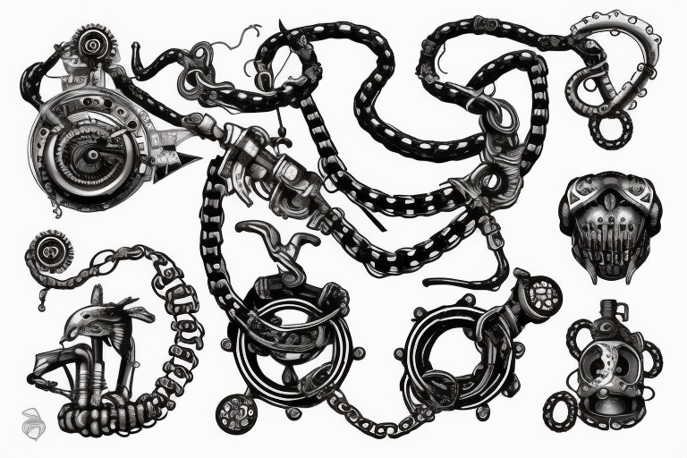 Steam punk snake with chain body tattoo idea