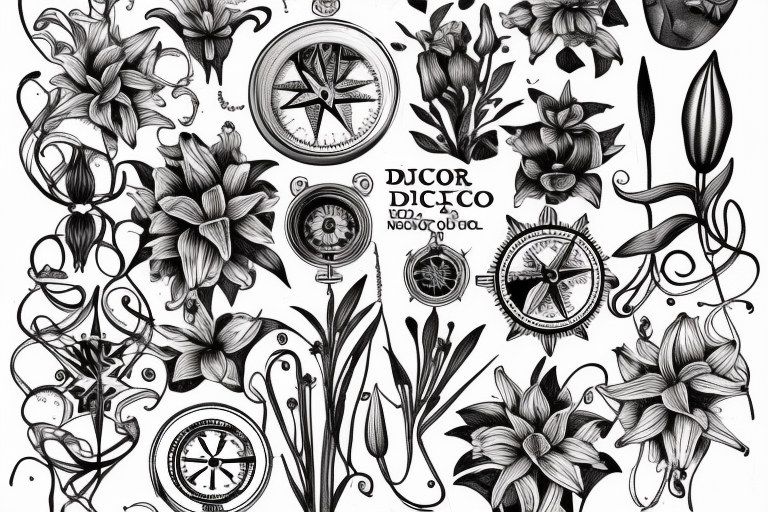 "non ducor, duco" in quotations in latin script surrounded by lilies and a compass tattoo idea