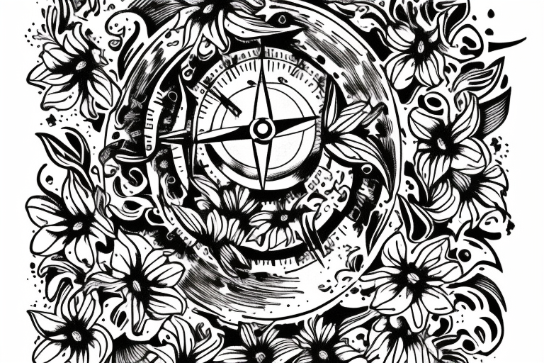 "non ducor, duco" in quotations in latin script surrounded by lilies and a compass tattoo idea