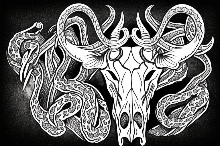 bull skull with snake coming out of the horns tattoo idea