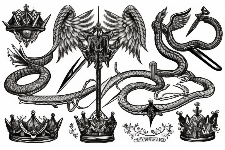 sword, snake, crown, angel wings tattoo idea
