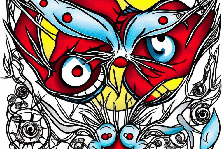 red, yellow and light blue gothic spider with one big eye tattoo idea