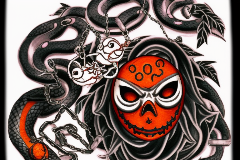 An orange shinigami mask on the shoulder, with a chained red moon on the back of the shoulder. On the forearm there are two snakes, a green one and a violet one. Autumn leaves and mystical amulets at the wrist tattoo idea